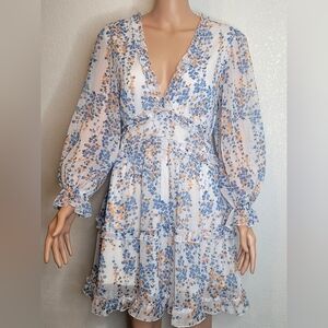 Summer Floral Tiered Chiffon Swing Dress Long Sleeve Ruffle White/Blue Size M